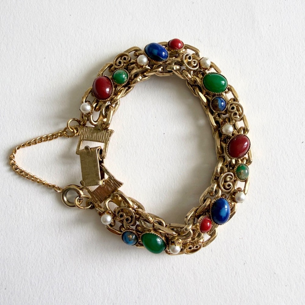 VTG Victorian Revival Gold-tone Bracelet Multi-colored thermoset cabochon stones