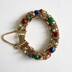 VTG Victorian Revival Gold-tone Bracelet Multi-colored thermoset cabochon stones