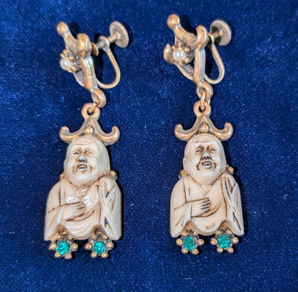 Selro Selini Vintage 1950s Buddha Gold Tone Clip On Screw Back Earrings