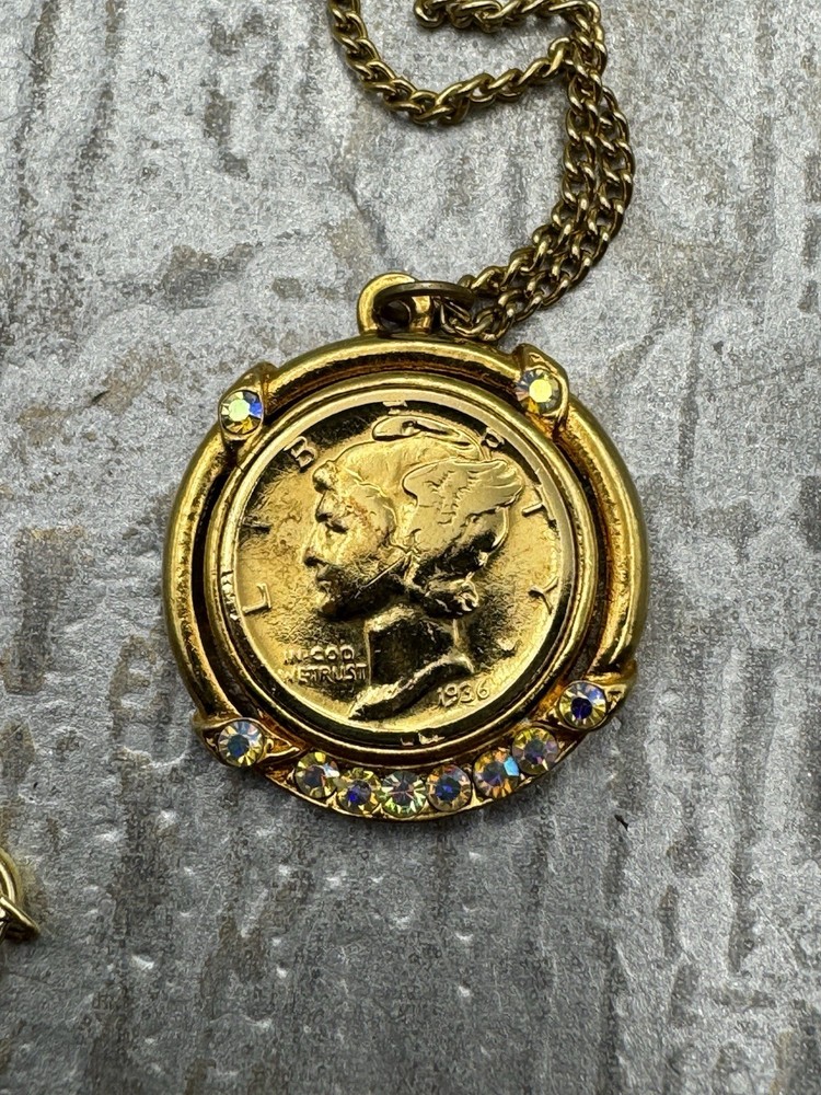 Gold Plates 1936 Mercury Dime Pendant With Iridescent Rhinestones, 16” Chain