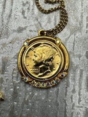 Gold Plates 1936 Mercury Dime Pendant With Iridescent Rhinestones, 16” Chain