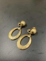 Vintage MONET Clip On Set Gold Tone & White Enamel/ Gold Texture Dangle Hoops