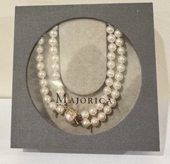Vintage Majolica Double Strand Pearl Necklace 20″ Matinee Vermeil Clasp Box COA