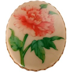 Vintage Hallmark Porcelain Pink Floral Brooch Pendant Gold Tone 2 By 1 1/2 in