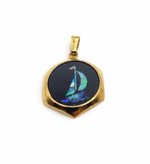 Blue Morpho Butterfly Wing Sailboat Pendant Gold Tone Hexagon Vintage Charm