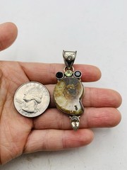 Vintage Sterling Silver 925 Peridot Smoky Topaz Gemstone Ammonite Fossil Pendant