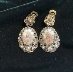 Vintage Porcelain Filigree Courting Couple Art Brooch and Earrings Set