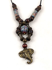 Elephant Pendant Necklace w Millefiori African Trade Beads Wood & Metal Beads
