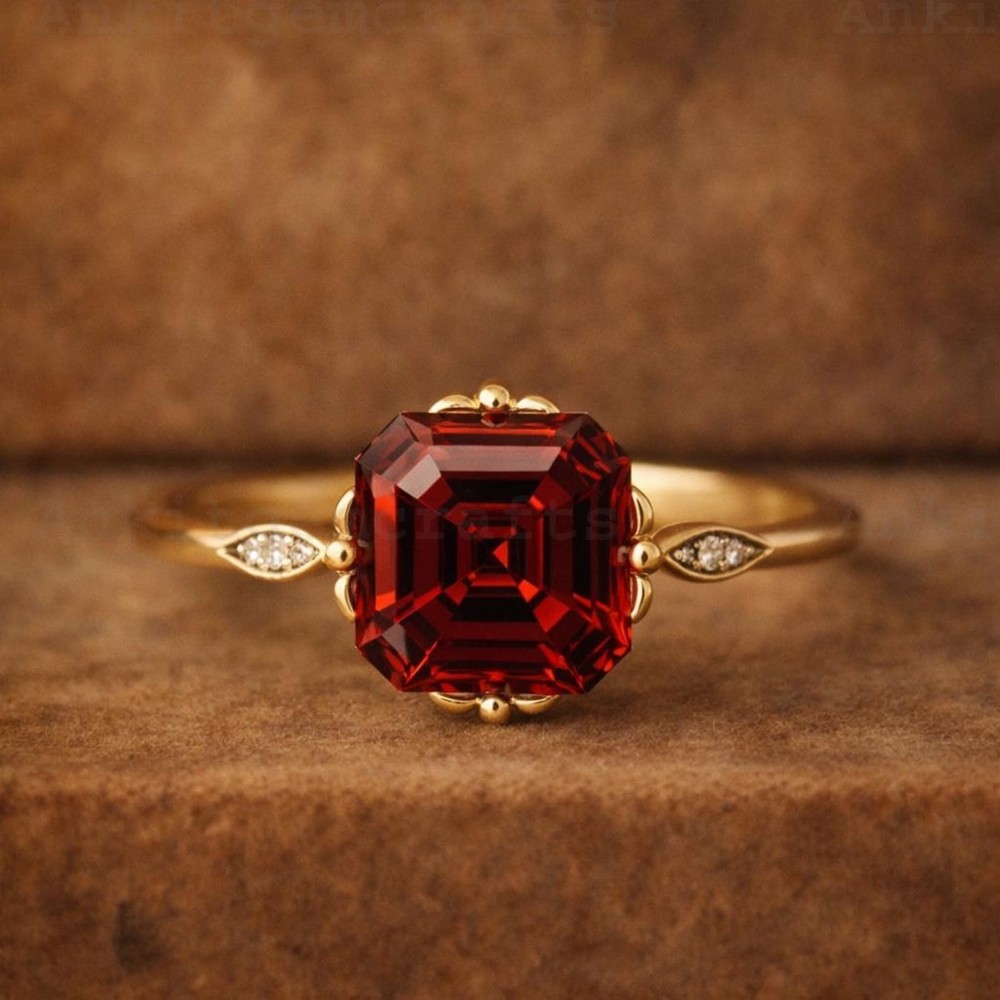 Asscher Cut Garnet Solitaire Engagement Ring, 14K Yellow Gold Finish Gift Ring