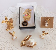 🐰 Lot #1 Vintage Now Bunny Rabbit Pin Brooch Earrings Marvella Avon Rhinestone