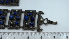 Silver Blue Stone Bracelet Lapis Pearl Vtg Ornate Brutalist Panel Mixed Metals