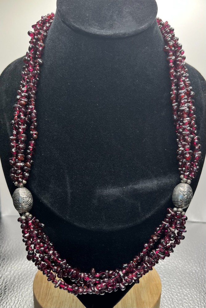 Vintage 3-Strand Garnet Chip Necklace 20” w/ Tribal Silver Beads – 92g Artisan S