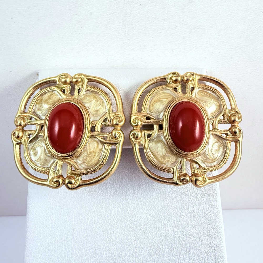 Vintage MONET Red Cabochon Enameled Matte Gold Tone Clip on Earrings