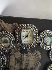 Vintage Japanese Novelle Quartz Abalone Silver Tone Watch Bracelet Stretchy 8”