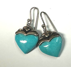 Heart Dangle Earrings Blue Stone Inlay Thailand Vintage Sterling Silver 925 #9