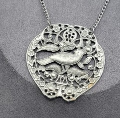 Vintage Bird Floral Pendant Silver Tone Filigree Open-Work Design 18″ Chain