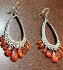 VINTAGE ORANGE BEADED CHANDELIER SILVER TEARDROP PENDANT DANGLE DROP 3″ EARRINGS