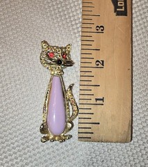 CAT Brooch Pin, Vintage Mod Costume Rhinestone Pink Jelly Belly Aurora Borealis