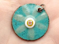 Vintage Colorful Enamel on Copper Double Sided Floral Blue Teal 1970s Pendant