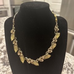 VTG Lisner Necklace & Earrings Clip-On Frosted Glass Rhinestone Leaf