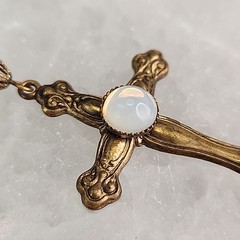 Vintage Cross Necklace Carole Opalite Antiqued Gold Tone 28″