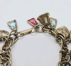 Puffy Hearts Charm Bracelet Toggle Bell Charms Multicolored Rhinestone 6.5 in