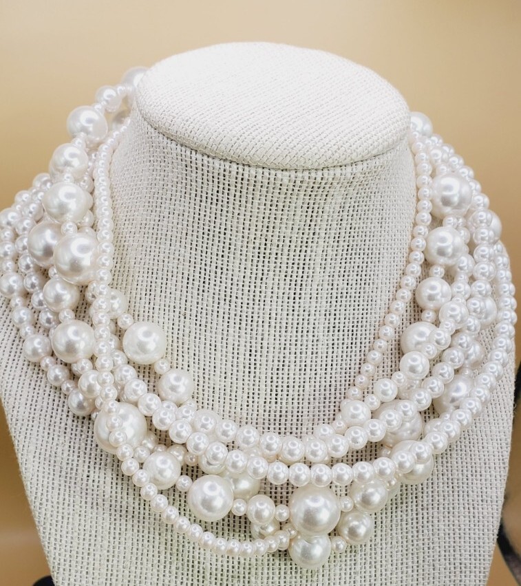 16″ Six Strand Faux Pearl White Beaded Necklace W/Silver tone Clasp bl03