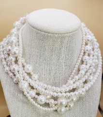 16″ Six Strand Faux Pearl White Beaded Necklace W/Silver tone Clasp bl03
