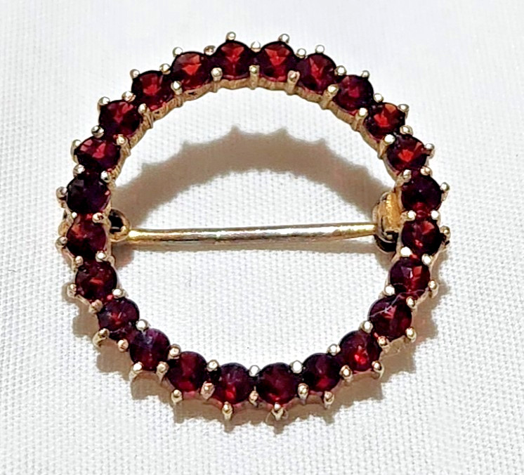 Victorian Rose Cut Garnet Sterling Silver Gold Vermeil 7/8 Inch Circle Brooch