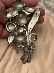 antique pin Flower Enamel Paint Rhinestone Marcasite Metal 4.25” brooch large