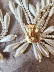 Vtg Glamorous Cha Cha Statement Burst Earrings Faux Pearl Cluster Fringe Clip On