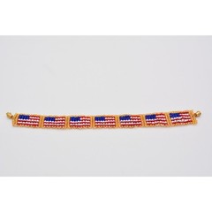 Vintage American Flag Beaded Bracelet Red White Blue USA Gold Woven 1990s Bin4