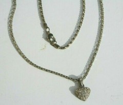 vtg Pave Crystal Necklace Heart Rhinestone Pendant Silver Tone Chain 18″