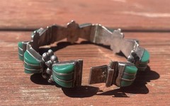 Vintage Mexico Sterling Silver 925 Green Onyx Stone Link Chain Metal Bracelet