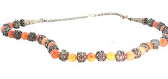 Vintage Orange Stone Bead Necklace – Ornate Metal Filigree Spacers, Boho Tribal