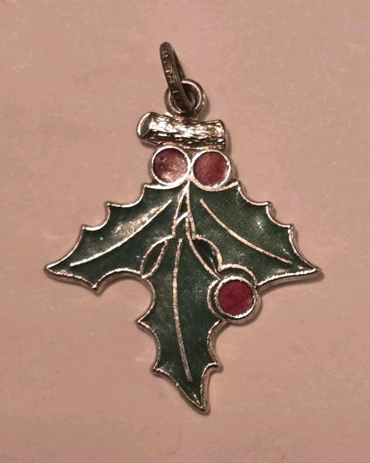 Christmas Holly Leaves Green Red Enamel Sterling Silver 925 Charm Leaf Pendant