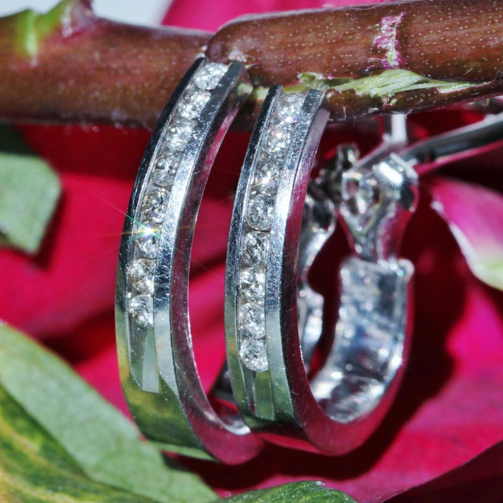 14k white gold earrings 0.16ct diamond 0.75″ omega back hoop 4.78g N2594B