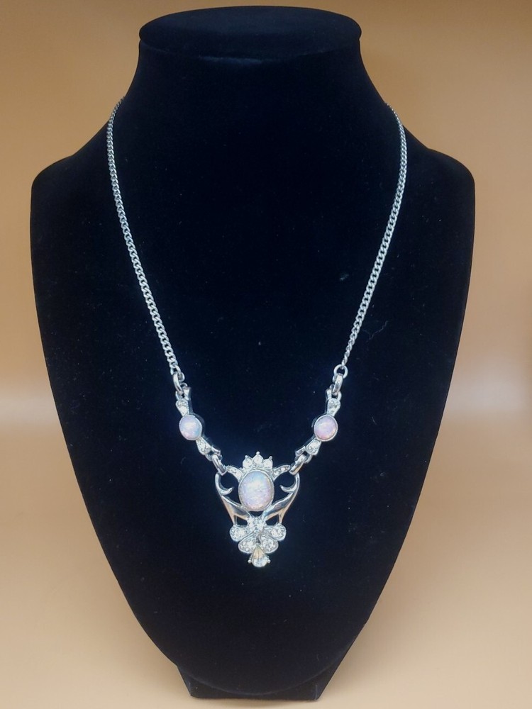 Vintage Anthony Silvertone Faux Opal And Clear Glass Rhinestone Necklace Ornate