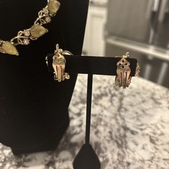 VTG Lisner Necklace & Earrings Clip-On Frosted Glass Rhinestone Leaf