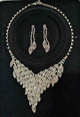 Vintage Clear Rhinestone Silver tone Necklace & Pierced Earring Set