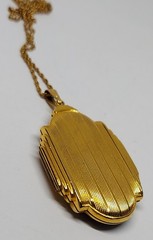 Large GF art deco black enamel Photo Locket Pendant Gold Filled Chain VTG Evans