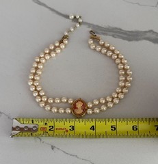 Vintage Double Strand Faux Pearl Cameo Necklace