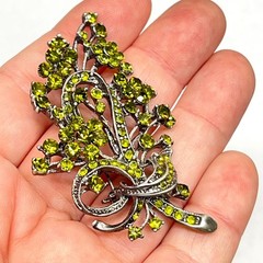VTG Floral Spray Bow Pin Brooch Sparkling AB Peridot Green Crystal Rhinestones