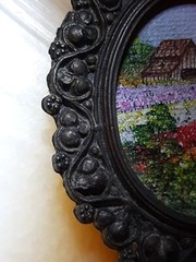 Vintage Brooch Mini Painting Lompoc Flower Field Farm Wine CA. Signd Frame Italy