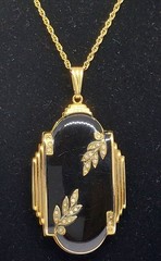 Large GF art deco black enamel Photo Locket Pendant Gold Filled Chain VTG Evans