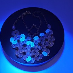 Bib Style faceted clear crystal glass bead necklace on chain UV glow