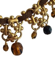Vintage Gold Tone Suede Leather Necklace Glass Beads Dangles Hook Clasp 15.5″