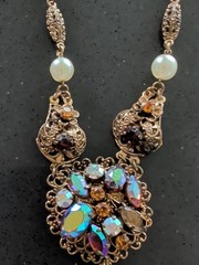 Vintage West Germany Aurora Borealis Rhinestone Filigree Necklace 22” S84