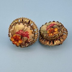 Vintage West Germany Earrings Sugared Florals Gold Tone Filigree Round Clip On