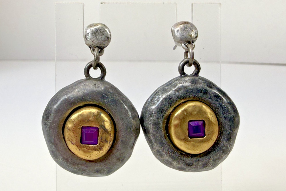 Vintage Hammered Silver & Gold Tone Purple Stone Heavy Dangle Earrings